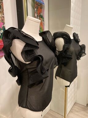 Elegant Black Ruffle Sleeve Sheer Bodysuit Top